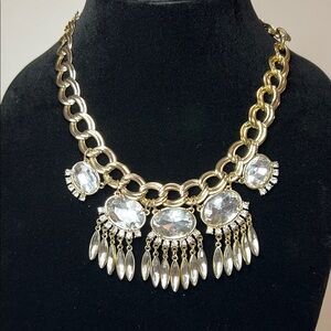 Gold Tone Statement Necklace with Crystal Dangle Accents Vintage Style